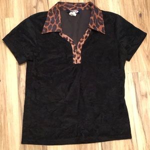 Vintage Leopard Zip Collar Velvet Top